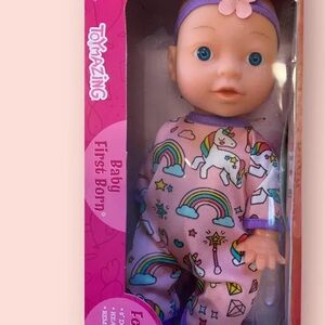 Baby First Born 9" Doll By Midwood Brand W/Headband and Rainbow Unicorn Outfit